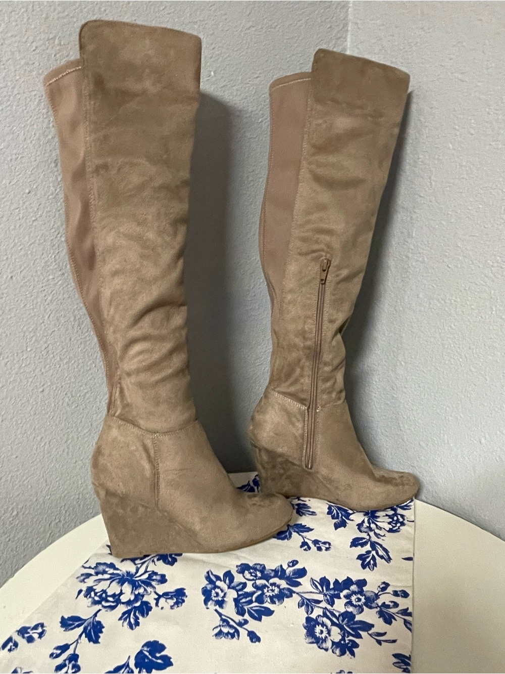 Chinese Laundry Taupe Suede-Look Over-the-Knee Wedge Boots
